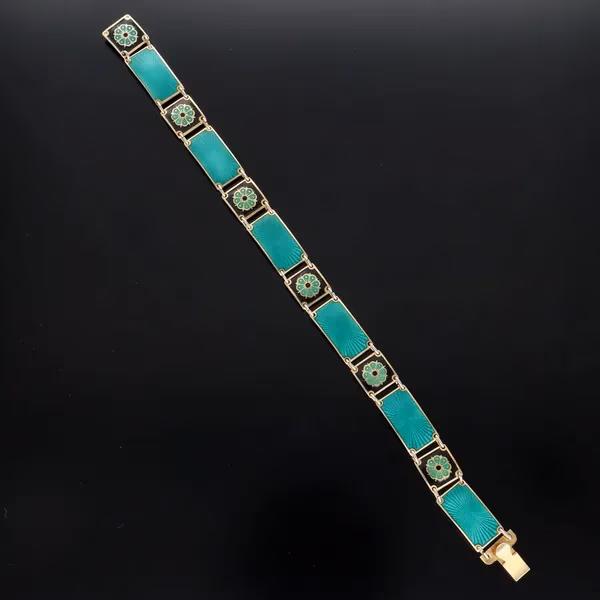 David Andersen Silver Gilt and Green Enamel Panel Bracelet