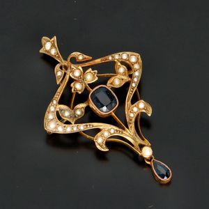 Art Nouveau 9ct Gold Sapphire and Seed Pearl Pendant
