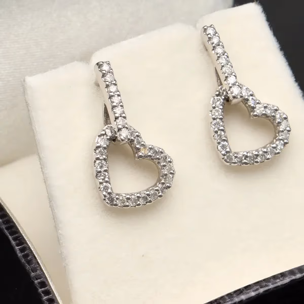Vintage 9ct Gold Diamond Heart Drop Earrings