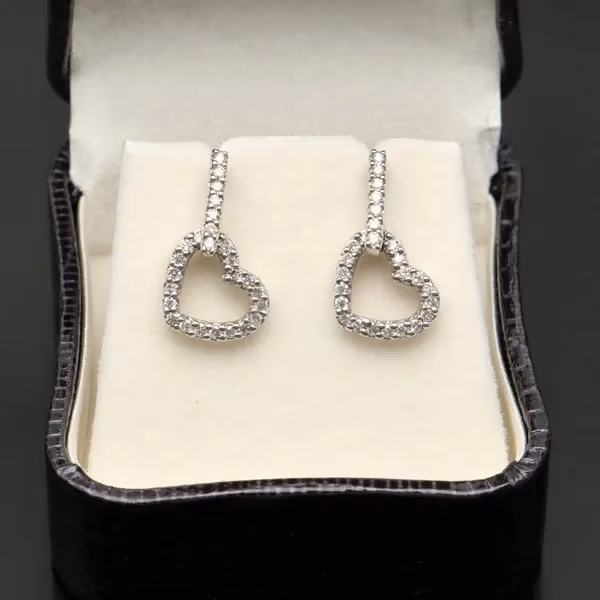 Vintage 9ct Gold Diamond Heart Drop Earrings