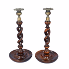 Pair of Edwardian Open Barley Twist Oak Candlesticks