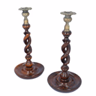 Pair of Edwardian Open Barley Twist Oak Candlesticks