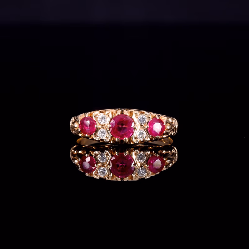 360° view of The Vintage 9ct Gold Three Ruby And Diamond Scrollwork Ring