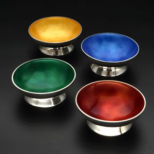 Set of Four Rare Sterling Silver and Enamel Bowls