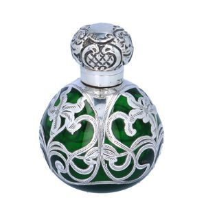 Art Nouveau Silver Overlay Green Glass Perfume Bottle