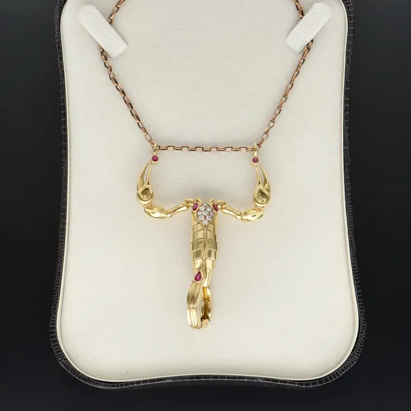 Heavy 18ct Gold Scorpion Diamond and Ruby Pendant
