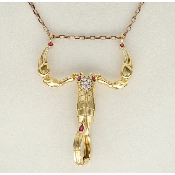 Heavy 18ct Gold Scorpion Diamond and Ruby Pendant