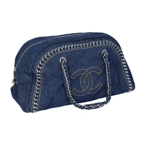 Chanel Blue Denim Bowling Bag image-1