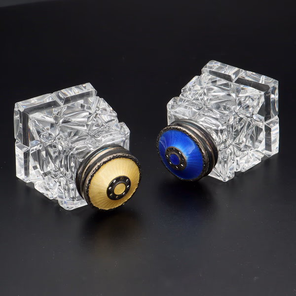 A Pair of Norwegian Vermeil Sterling Silver Enamel Lidded Shakers on a Tray