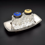 A Pair of Norwegian Vermeil Sterling Silver Enamel Lidded Shakers on a Tray