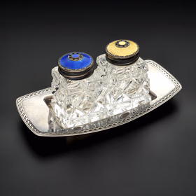A Pair of Norwegian Vermeil Sterling Silver Enamel Lidded Shakers on a Tray