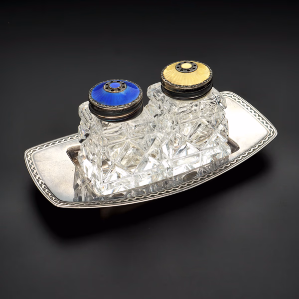 A Pair of Norwegian Vermeil Sterling Silver Enamel Lidded Shakers on a Tray