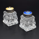 A Pair of Norwegian Vermeil Sterling Silver Enamel Lidded Shakers on a Tray