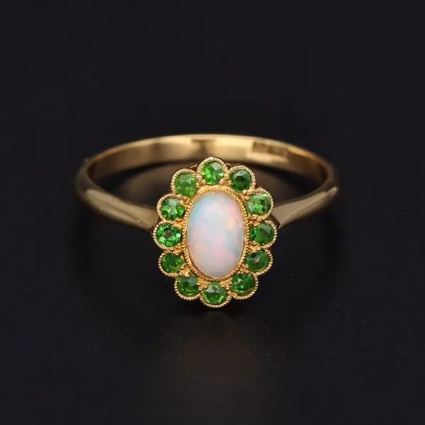 Early 20th Century 18ct Yellow Gold Demantoid Garnets and Opal Ring