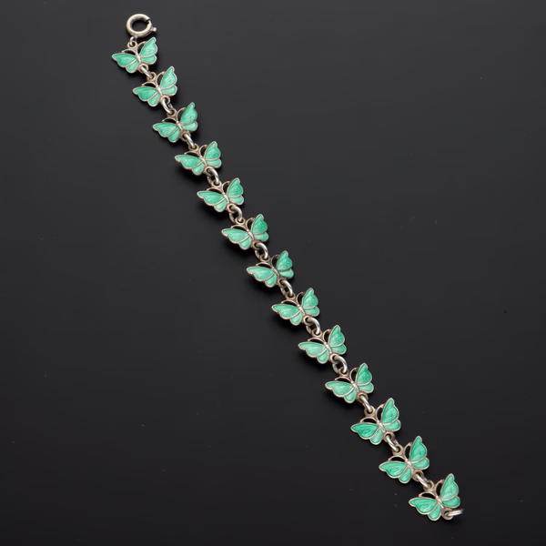 Vintage Volmer Bahner Danish Sterling Silver & Green Guilloché Enamel Butterfly Bracelet