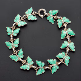 Vintage Volmer Bahner Danish Sterling Silver & Green Guilloché Enamel Butterfly Bracelet