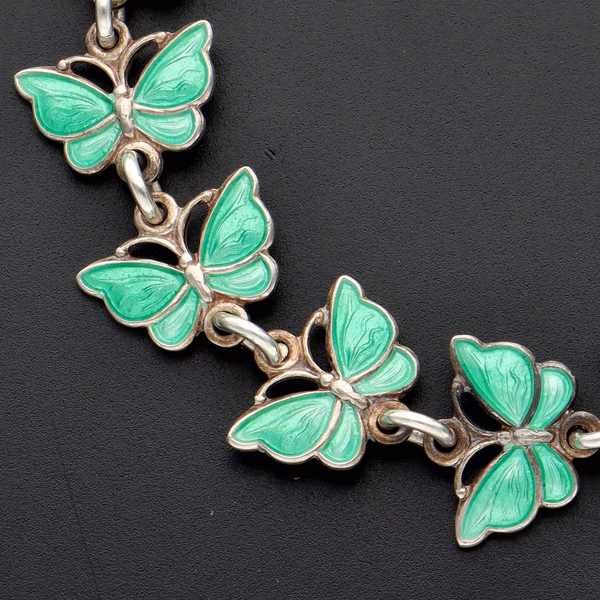 Vintage Volmer Bahner Danish Sterling Silver & Green Guilloché Enamel Butterfly Bracelet
