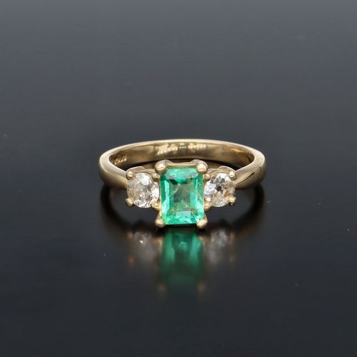9K Gold Old Cut Diamond & Emerald Ring image-2