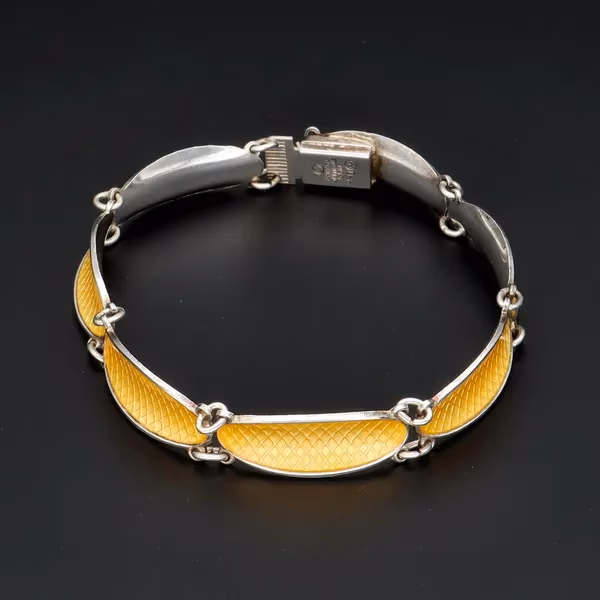 Norwegian Silver Yellow Guilloche Enamel Lozenge Design Bracelet