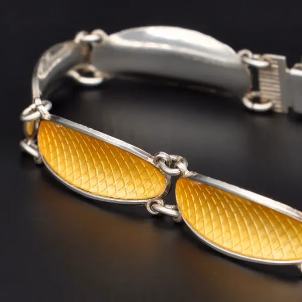 Norwegian Silver Yellow Guilloche Enamel Lozenge Design Bracelet