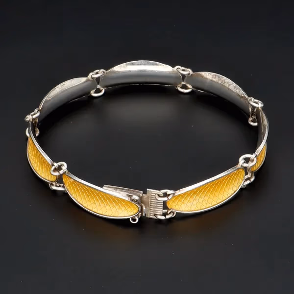 Norwegian Silver Yellow Guilloche Enamel Lozenge Design Bracelet