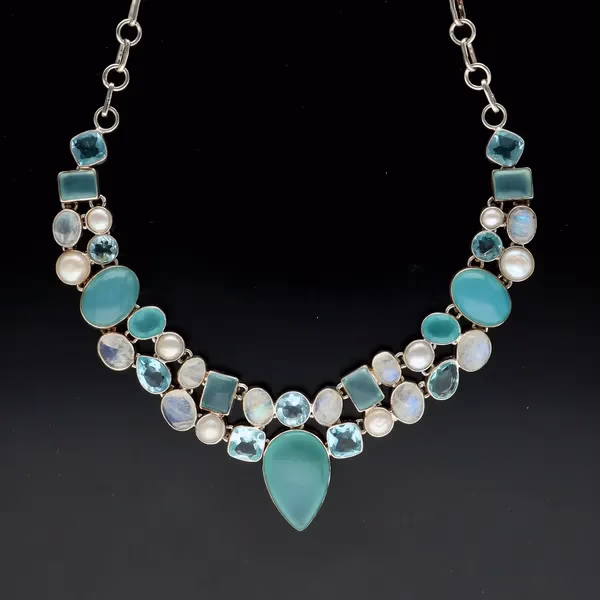 Silver Pearl and Gemstones Necklace
