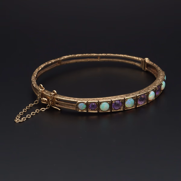 9ct Yellow Gold Amethyst and Opal Bangle