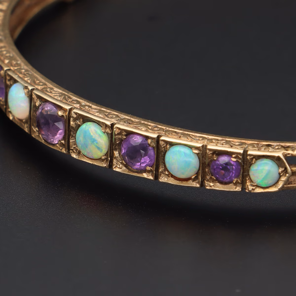 9ct Yellow Gold Amethyst and Opal Bangle