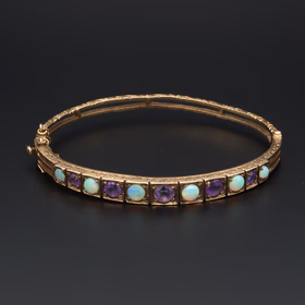 9ct Yellow Gold Amethyst and Opal Bangle