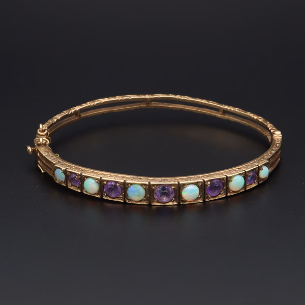 9ct Yellow Gold Amethyst and Opal Bangle