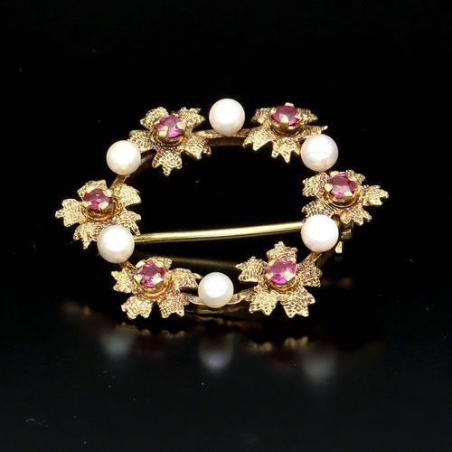 Vintage 9ct Gold Pink Sapphire and Pearl Brooch image-2