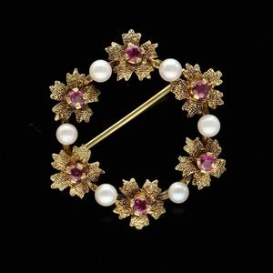 Vintage 9ct Gold Pink Sapphire and Pearl Brooch
