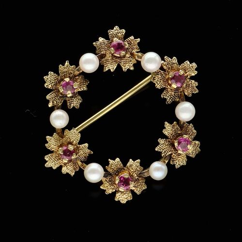 Vintage 9ct Gold Pink Sapphire and Pearl Brooch image-1