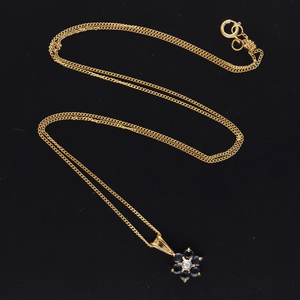 9ct Gold Diamond and Sapphire Pendant and Chain