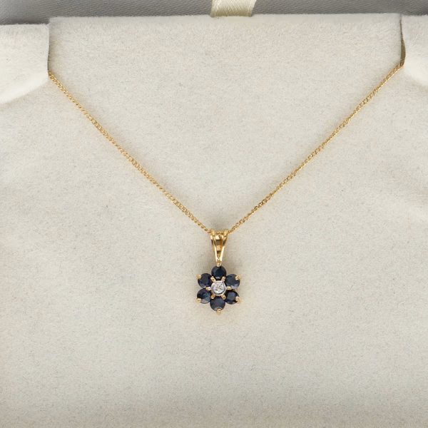 9ct Gold Diamond and Sapphire Pendant and Chain