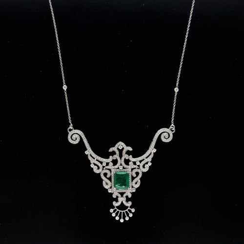 Fabulous Platinum, Diamond and Emerald Necklace image-1