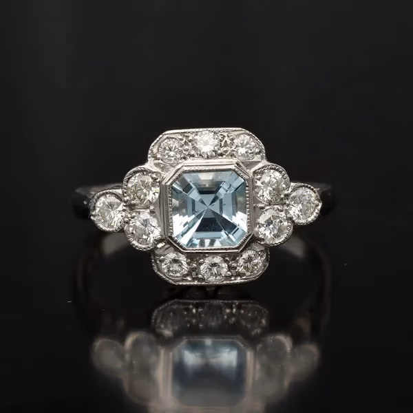 Aquamarine and Diamond Platinum Ring