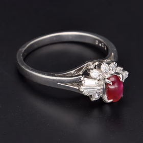 Burmese Ruby Cabochon & Diamond Platinum Ring