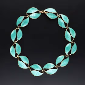 Sterling Silver & Emerald Green Enamel Double Leaf Necklace