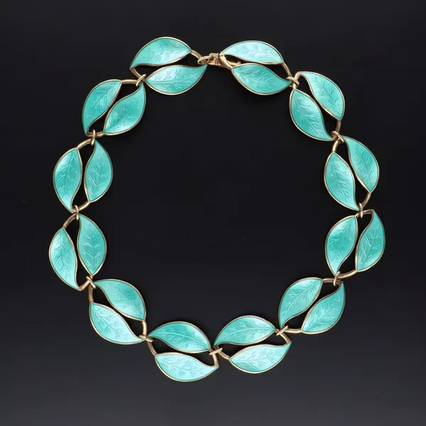 Sterling Silver & Emerald Green Enamel Double Leaf Necklace