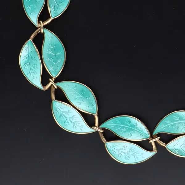 Sterling Silver & Emerald Green Enamel Double Leaf Necklace