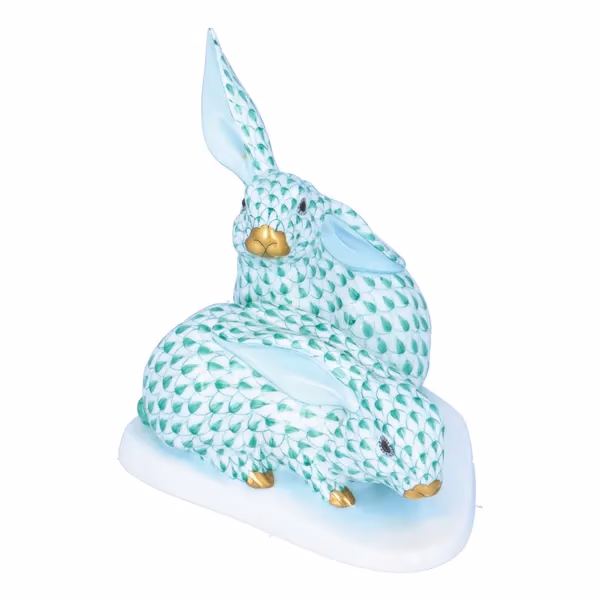 Herend Green Fishnet Rabbit Pair With Gold Nose & Feet