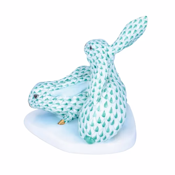 Herend Green Fishnet Rabbit Pair With Gold Nose & Feet
