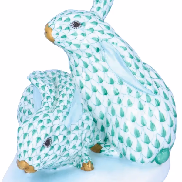 Herend Green Fishnet Rabbit Pair With Gold Nose & Feet