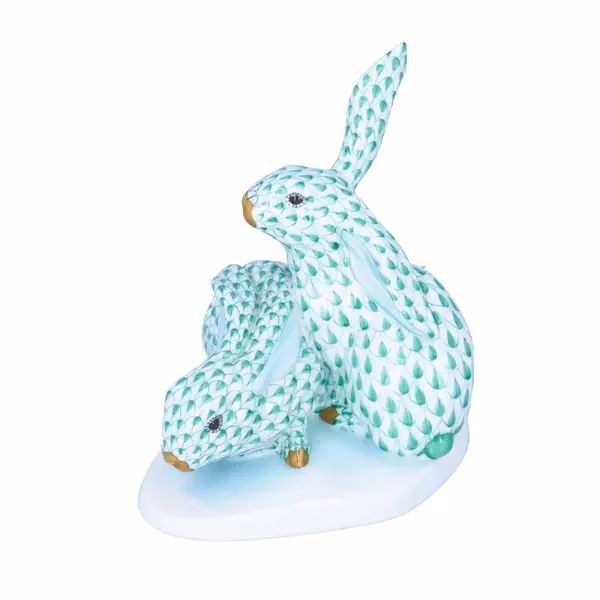 Herend Green Fishnet Rabbit Pair With Gold Nose & Feet