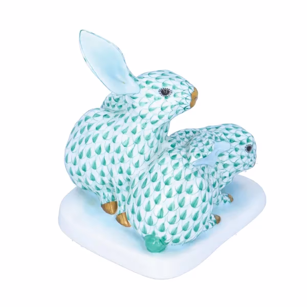 Herend Green Fishnet Rabbit Pair With Gold Nose & Feet