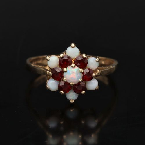 Gold Opal Garnet Ring. London 1975 image-2