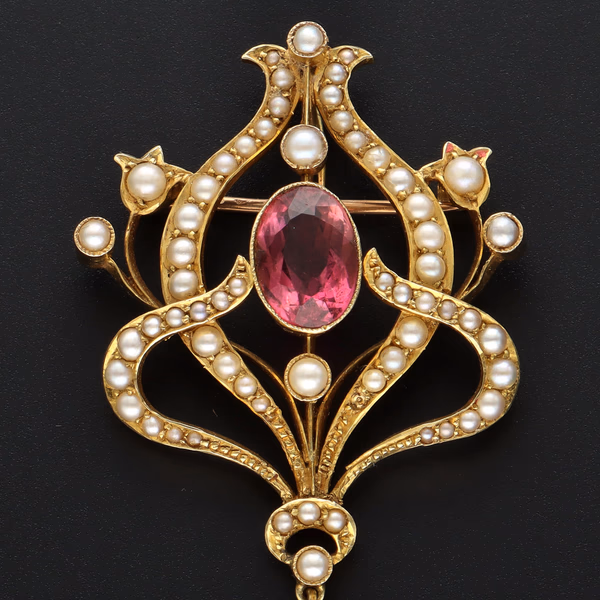 15ct Gold Seed Pearl & Gem Drop Brooch