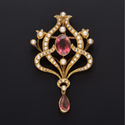 15ct Gold Seed Pearl & Gem Drop Brooch