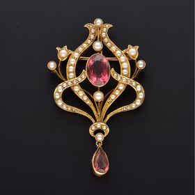 15ct Gold Seed Pearl & Gem Drop Brooch